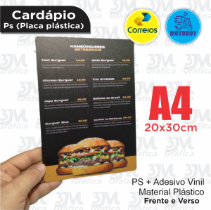 Cardápio PS A4 PS 1mm + vinil 20x30cm  Laminação Brilho Corte Reto 