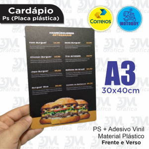 Cardápio PS A3 PS 1mm + vinil 30x40cm  Laminação Brilho Corte Reto 